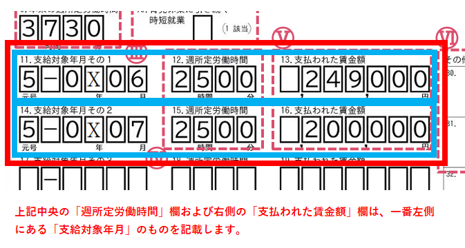育児時短就業給付金支給申請書「週所定労働時間」「支払われた賃金額」欄の記載方法について図解説明