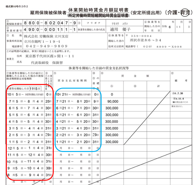 育児休業給付金 休業開始時賃金月額証明書記入例①