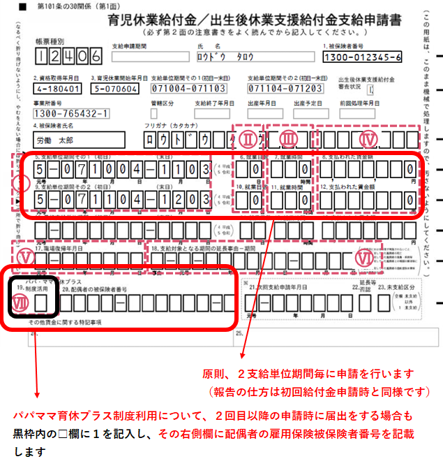 ２回目以降育児休業給付金支給申請時の申請書画像＋記載方法補足説明