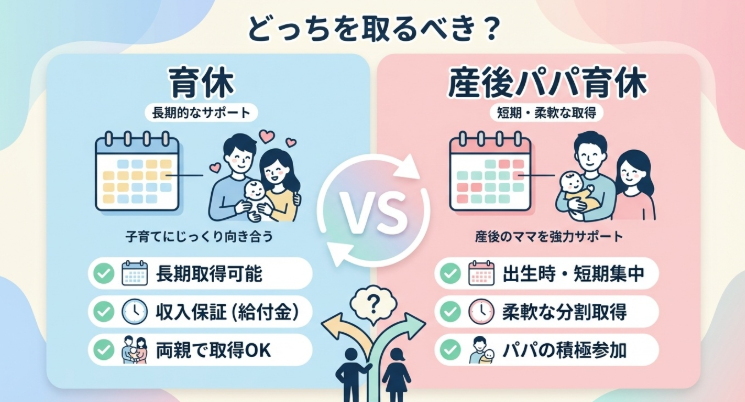 産後パパ育休・育休 どっちを取るべき?表題部画像(それぞれの休業制度のポイントを3点ずつイラストで表示)