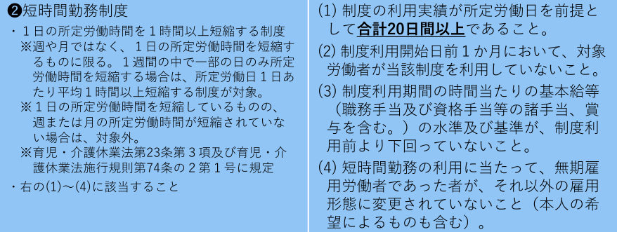 短時間勤務制度を20日以上利用した場合の助成金支給要件詳細